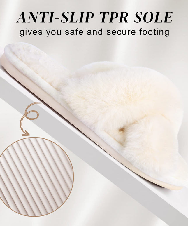 SIZE: 38-39 - Women's Cross Band Slippers Soft Plush Furry Cozy Open Toe House Shoes Indoor Outdoor Faux Rabbit Fur Warm Comfy Slip On Breathable (off-white)