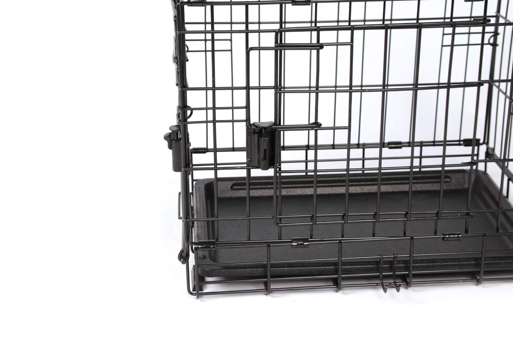 Close-up of M-Pets Voyager wire cage door latch and plastic tray