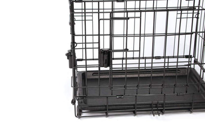 Close-up of M-Pets Voyager wire cage door latch and plastic tray