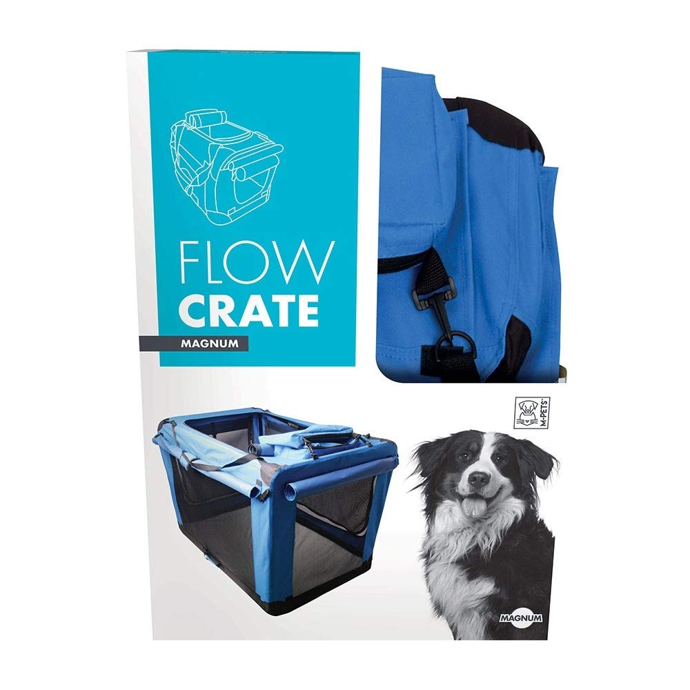 M-Pets Magnum Flow Crate blue and black soft dog crate with dog, product collage