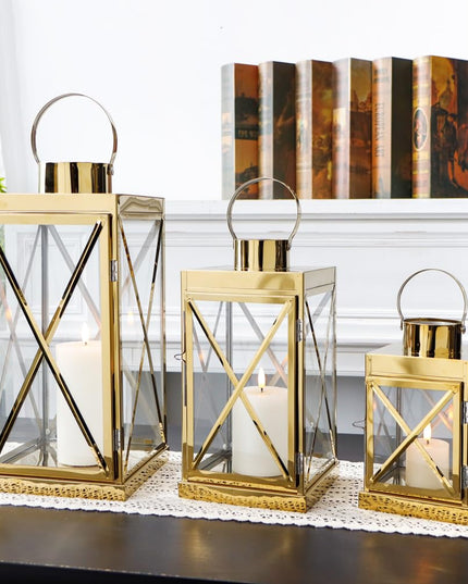 TRIROCKS Gold Stainless Steel Lantern Set of 3-Square Elegance 20 / 30 / 40 cm