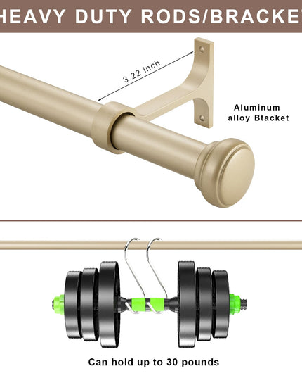 Heavy Curtain Rod, set of 2 pcs Adjustable Curtain Rod for Windows with Round Cap, Light Gold