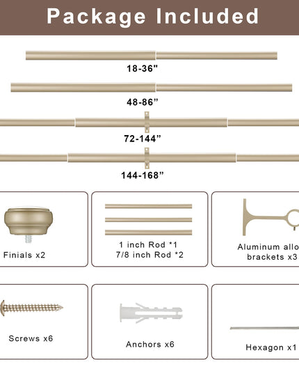 Heavy Curtain Rod, set of 2 pcs Adjustable Curtain Rod for Windows with Round Cap, Light Gold