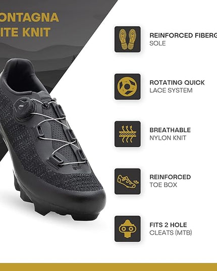 Tommaso Montagna Elite Knit Men's MTB Mountain Cycling Shoe with Quick Lace Compatible with SPD Cleats, Black