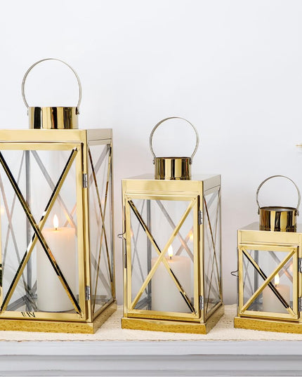 TRIROCKS Gold Stainless Steel Lantern Set of 3-Square Elegance 20 / 30 / 40 cm