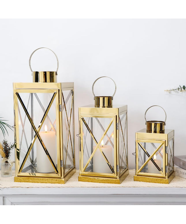 TRIROCKS Gold Stainless Steel Lantern Set of 3-Square Elegance 20 / 30 / 40 cm