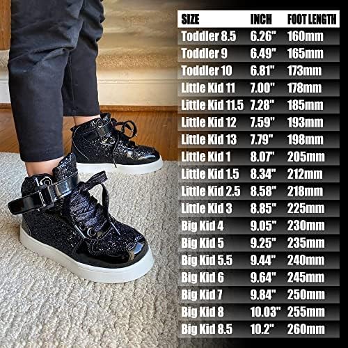 Child wearing black glitter high-top sneakers with size chart