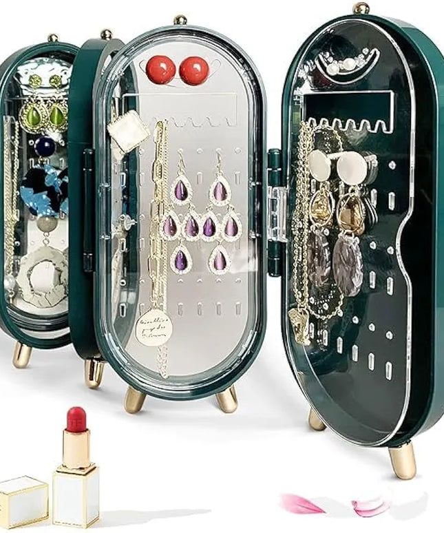 Jewelry Organizer box with Mirror,Hanging Earring Storage Organizer,Collapsible necklace storage,Jewelry Display Organizer,Portable Dustproof Acrylic Jewelry Organizer,ring boxes,Stand Jewelry Travel boxes for Women(green)