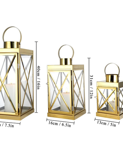 TRIROCKS Gold Stainless Steel Lantern Set of 3-Square Elegance 20 / 30 / 40 cm
