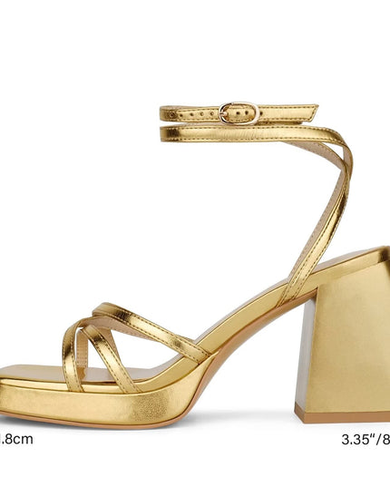 SIZE: 40.5 - ISNOM Lace Up Heels for Women Platform Heels, Low Chunky Strappy Heels for Women with Square Toe