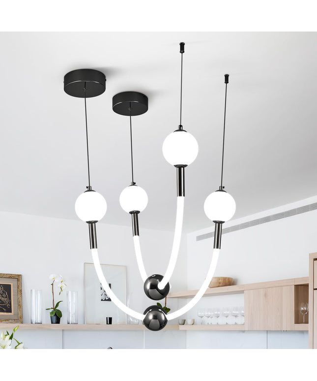 Modern Chrome Chandelier Hanging Fixture Light for Kitchen Island Industrial Iron Pendant Light with Milk White Globe Pendant Lighting for Living Room Bedroom Entryway (2 Light)