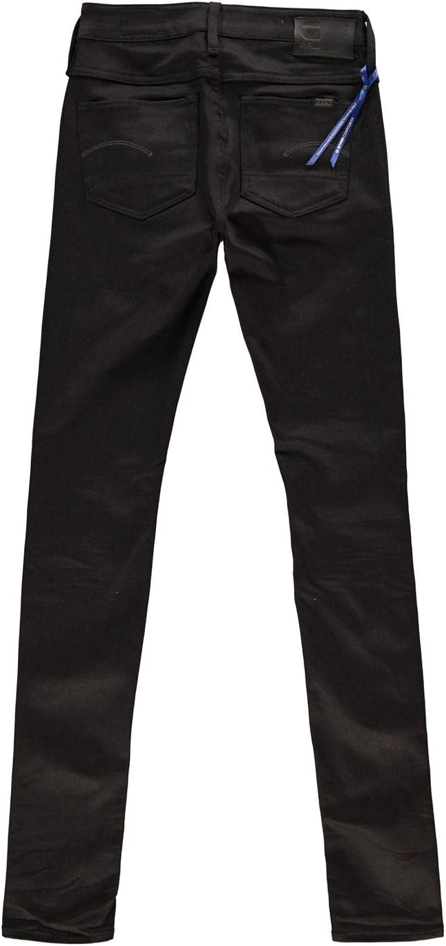 Back view of black skinny fit jeans with blue stitching on a white background