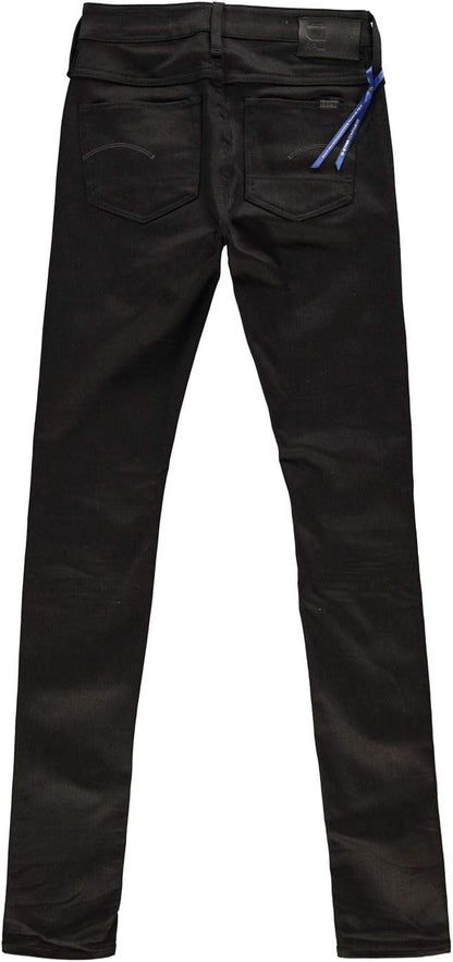 Back view of black skinny fit jeans with blue stitching on a white background