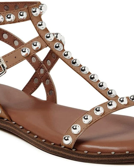SIZE: 39 - Coutgo Womens Strappy Gladiator Flat Sandal Square Open Toe Studded T Strap Rivet Slingback Buckle Beach Sandals