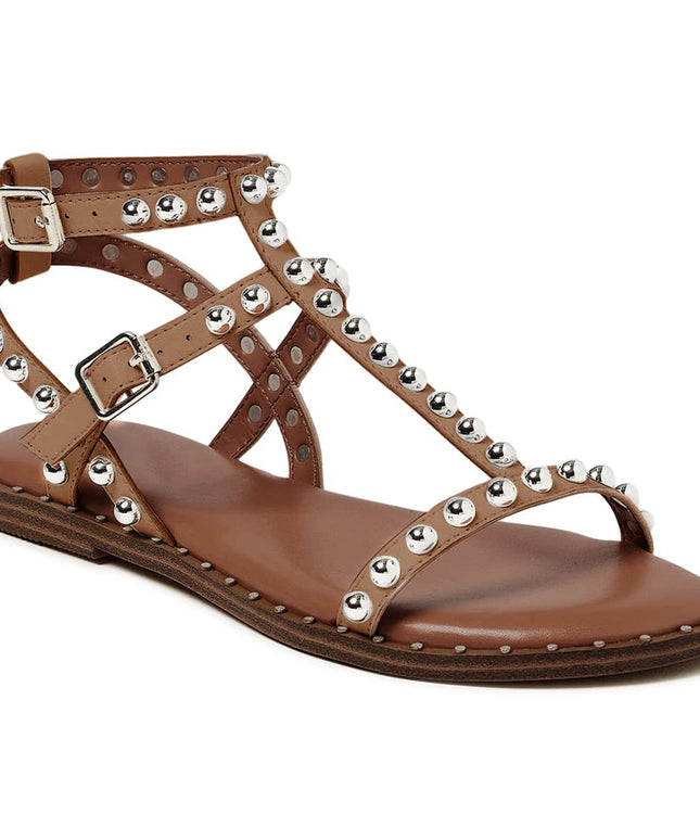 SIZE: 39 - Coutgo Womens Strappy Gladiator Flat Sandal Square Open Toe Studded T Strap Rivet Slingback Buckle Beach Sandals