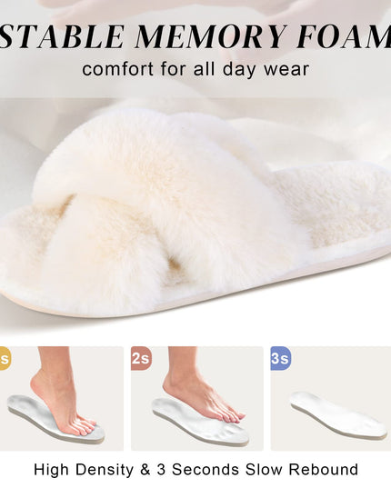 SIZE: 38-39 - Women's Cross Band Slippers Soft Plush Furry Cozy Open Toe House Shoes Indoor Outdoor Faux Rabbit Fur Warm Comfy Slip On Breathable (off-white)