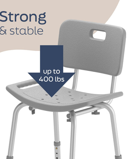 Medline Bath Chair with Back, Shower Chair Stool for Elderly Adults, Height Adjustable Legs, Tool-Free Assembly, Shower Seat with Suction Cup Feet, Gray