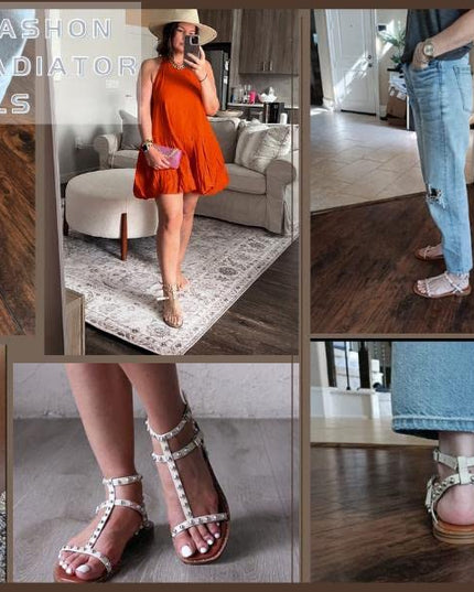 SIZE: 39 - Coutgo Womens Strappy Gladiator Flat Sandal Square Open Toe Studded T Strap Rivet Slingback Buckle Beach Sandals