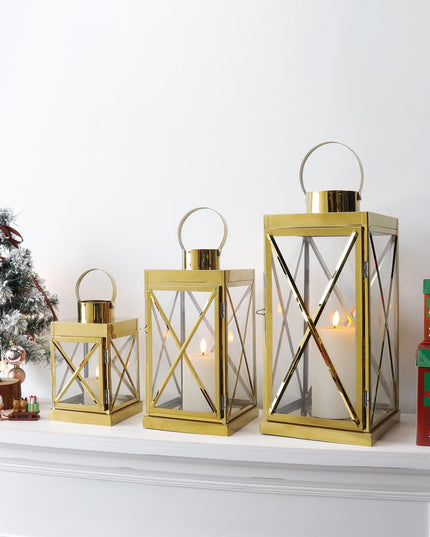 TRIROCKS Gold Stainless Steel Lantern Set of 3-Square Elegance 20 / 30 / 40 cm