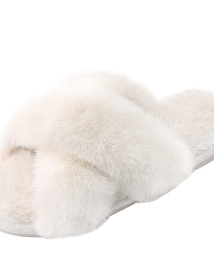 SIZE: 38-39 - Women's Cross Band Slippers Soft Plush Furry Cozy Open Toe House Shoes Indoor Outdoor Faux Rabbit Fur Warm Comfy Slip On Breathable (off-white)