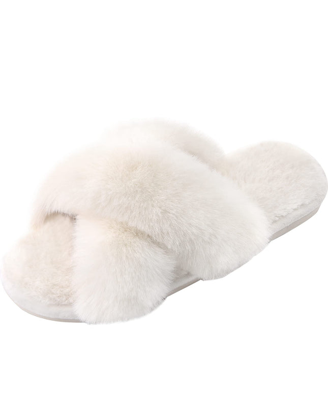 SIZE: 38-39 - Women's Cross Band Slippers Soft Plush Furry Cozy Open Toe House Shoes Indoor Outdoor Faux Rabbit Fur Warm Comfy Slip On Breathable (off-white)
