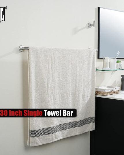 JQK Bath Towel Bar, 30 Inch 304 Stainless Steel Thicken 0.8mm Single Towel Rack for Bathroom, Towel Holder (Brushed Finished) Wall Mount, 32.91 in Total Length, TB110L30-BN