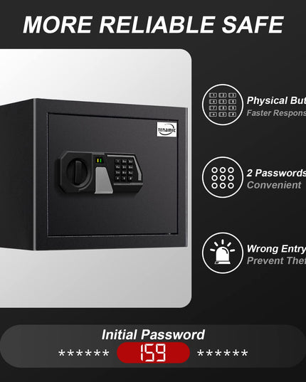 Tenamic Fireproof Safe Box 1.2 Cuft Electronic Digital Security Box, Keypad Small Lock Box Cabinet Safes with Internal Light, Solid Alloy Steel Office Hotel Home Safe with 2 Passwords, Black