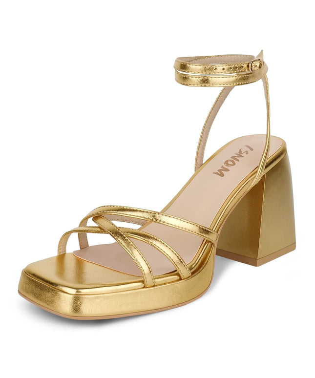 SIZE: 40.5 - ISNOM Lace Up Heels for Women Platform Heels, Low Chunky Strappy Heels for Women with Square Toe