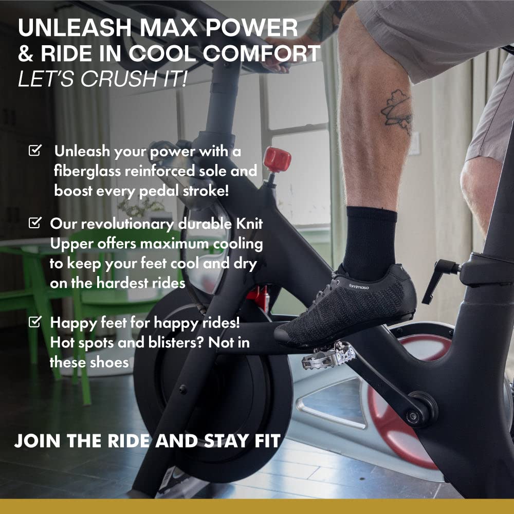 Rider on spin bike wearing Tommaso Strada cycling shoes