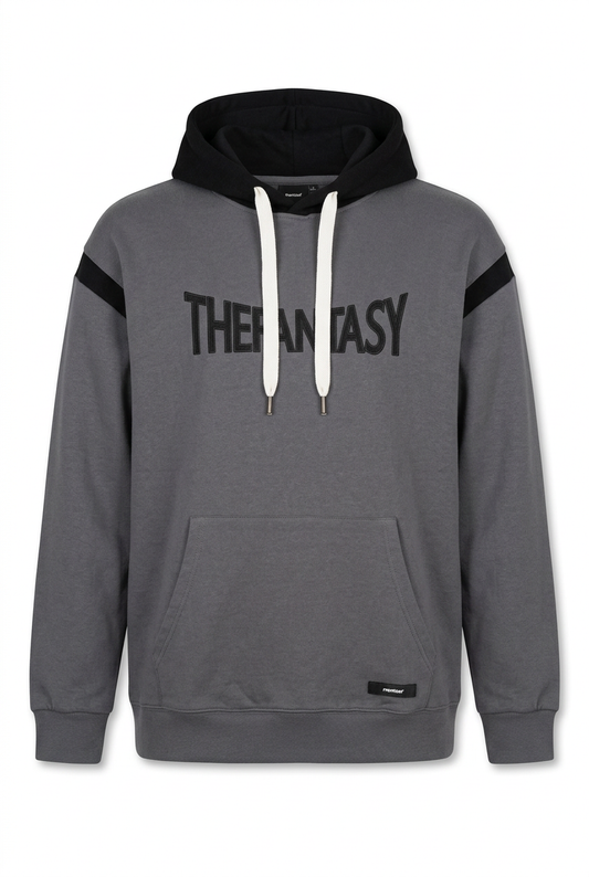 Momento men's grey The Fantasy graphic hoodie with black hood, front view