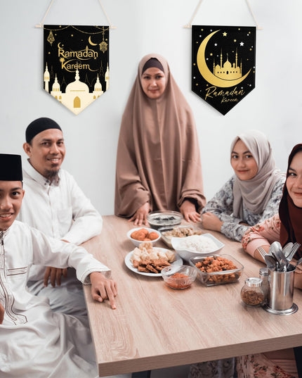 4 Pcs Ramadan Kareem Hanging Door Sign, Eid Mubarak Decorative Ramadan Canvas Sign Party Decorations Welcome Banner for Ramadan Kareem Eid Mubarak Home Door Party Supplies, 14.96 x 11.02 In (Black)