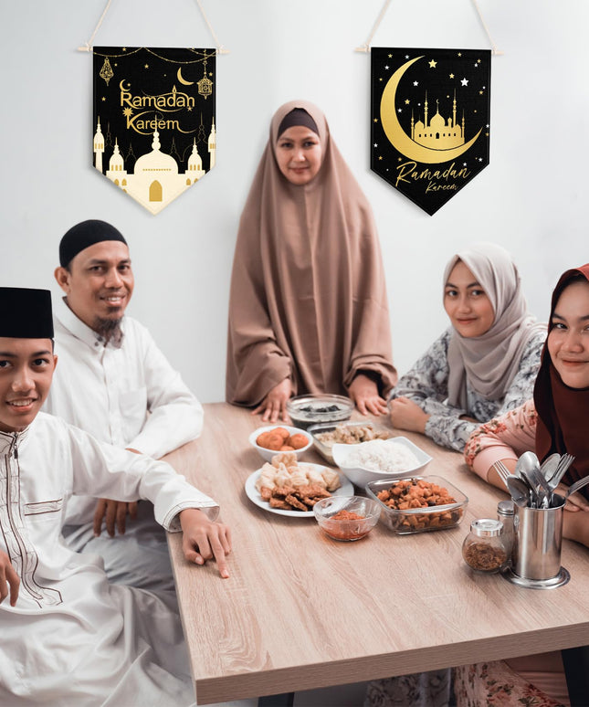 4 Pcs Ramadan Kareem Hanging Door Sign, Eid Mubarak Decorative Ramadan Canvas Sign Party Decorations Welcome Banner for Ramadan Kareem Eid Mubarak Home Door Party Supplies, 14.96 x 11.02 In (Black)
