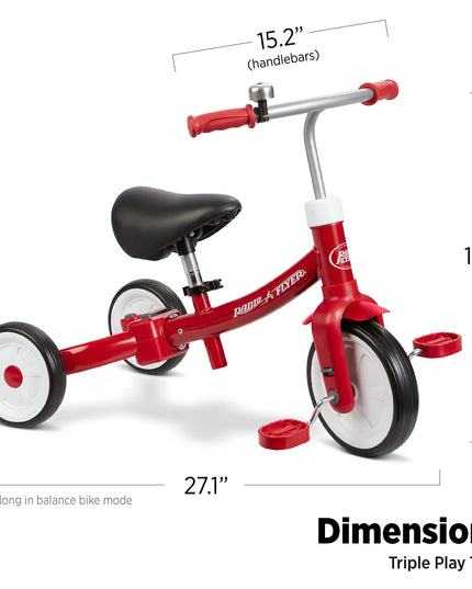 Radio Flyer Triple Play Trike, Toddler Tricycle, Balance Bike and Ride-On, Ages 1-3, Large, Red