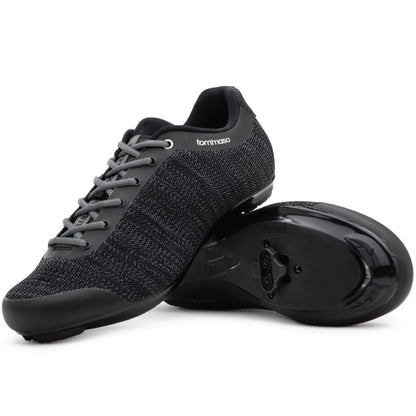 Tommaso Strada black and grey knit SPD indoor cycling shoes, side view
