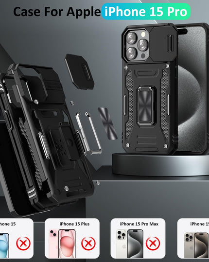UKLCCU Case for iPhone 15 Pro Phone Case iPhone 15 Pro Case for Men Heavy Duty Armor Case with Slide Camera Cover, with Kickstand and Ring for iPhone 15 Pro - Black