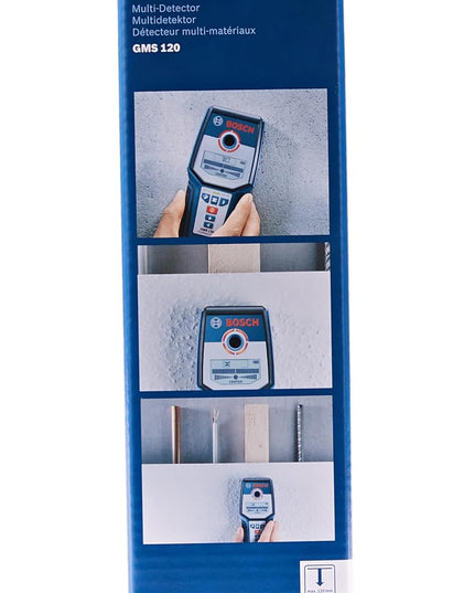 Bosch Professional Stud Finder GMS 120 (Drill Hole Marker, max. Detection Depth Wood/Magnetic Metal/Non-Magnetic Metal/Live Cable: 38/120/80/50 mm, in Cardboard Box)