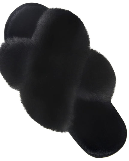 SIZE: 38-39 - Women's Cross Band Slippers Fuzzy Soft House Slippers Plush Furry Warm Cozy Open Toe Fluffy Home Shoes Comfy Indoor Outdoor Slip On Breathable (Black)