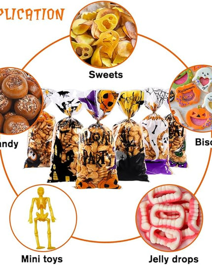 Vellibring 50 PCS Halloween Cellophane Treat Bags – Clear Candy Goodie Bags with Twist Ties for Cookies, Snacks & Party Favors