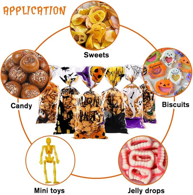 Vellibring 50 PCS Halloween Cellophane Treat Bags – Clear Candy Goodie Bags with Twist Ties for Cookies, Snacks & Party Favors