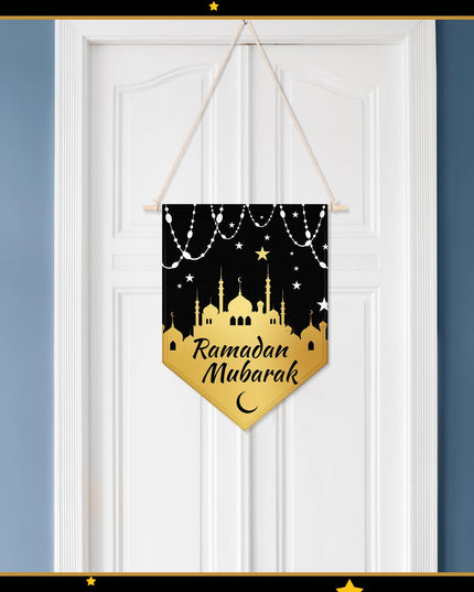 4 Pcs Ramadan Kareem Hanging Door Sign, Eid Mubarak Decorative Ramadan Canvas Sign Party Decorations Welcome Banner for Ramadan Kareem Eid Mubarak Home Door Party Supplies, 14.96 x 11.02 In (Black)