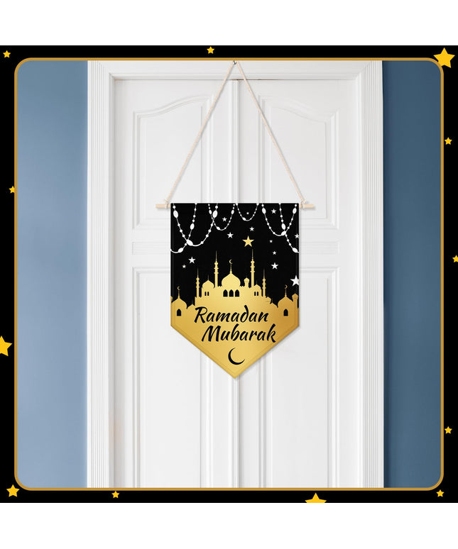 4 Pcs Ramadan Kareem Hanging Door Sign, Eid Mubarak Decorative Ramadan Canvas Sign Party Decorations Welcome Banner for Ramadan Kareem Eid Mubarak Home Door Party Supplies, 14.96 x 11.02 In (Black)