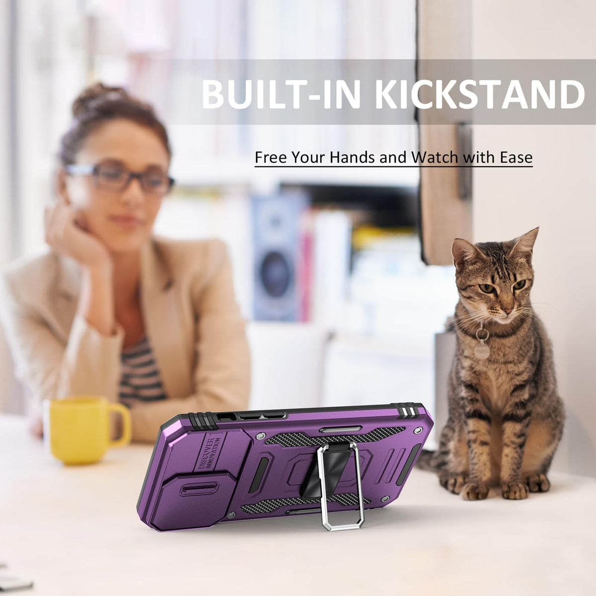 Woman at desk with iPhone in purple UKLCCU case on built-in kickstand