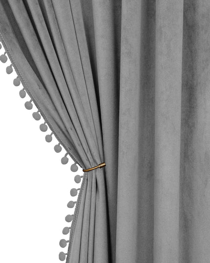 SNITIE Pom Pom Velvet Curtains with Rod Pocket, Set of 2 Panels (Grey)