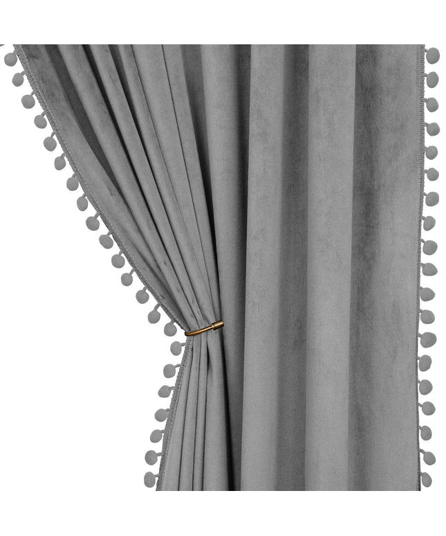 SNITIE Pom Pom Velvet Curtains with Rod Pocket, Set of 2 Panels (Grey)