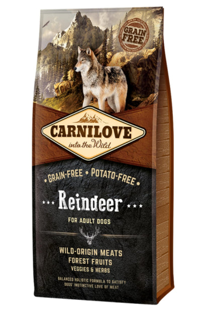 Carnilove reindeer adult dog food 12kg bag, front view