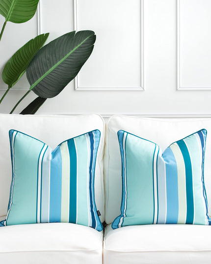 Hofdeco Porch Patio Indoor Outdoor Lumbar Pillow Cover ONLY for Backyard, Couch, Sofa, Aqua Rainbow Stripes, Set of 2