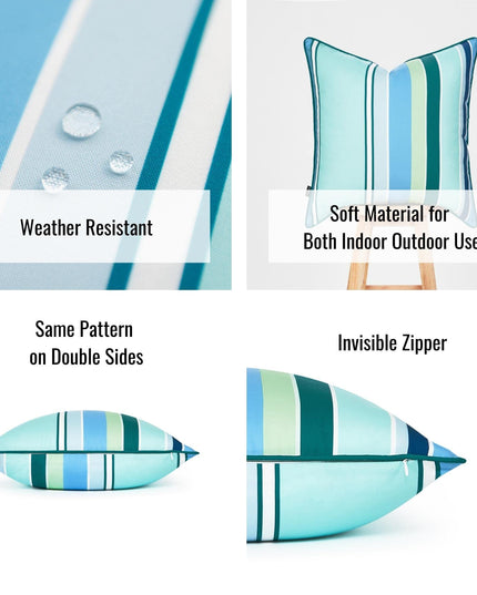 Hofdeco Porch Patio Indoor Outdoor Lumbar Pillow Cover ONLY for Backyard, Couch, Sofa, Aqua Rainbow Stripes, Set of 2