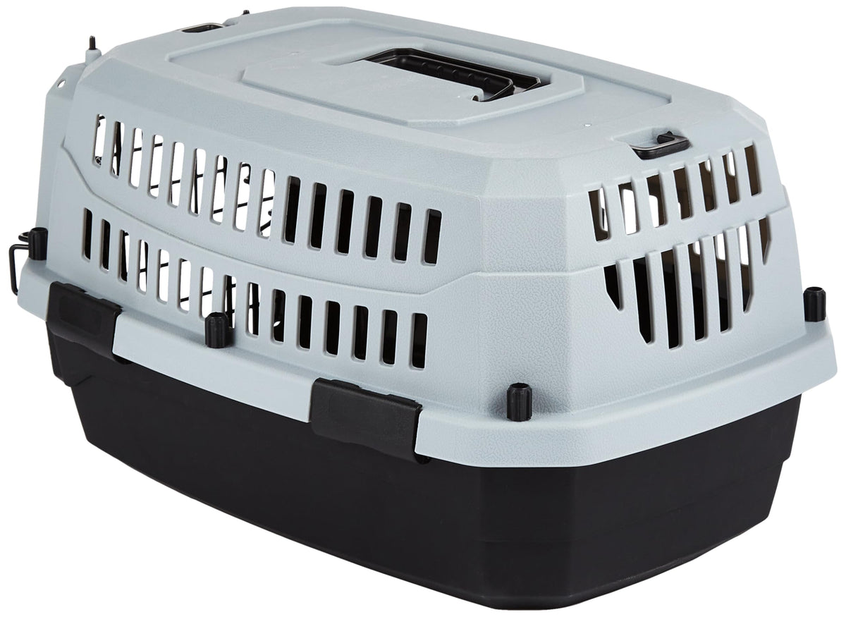 M-Pets Viaggio XS grey and black plastic pet carrier, front angled view