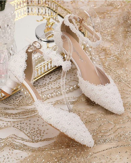SIZE 40 - Yihongmeiqi Women White Low Heel Toe Pumps Pointy Wedding Bridal Shoes Lace Pearls Party Shoes