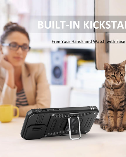 UKLCCU Case for iPhone 15 Pro Phone Case iPhone 15 Pro Case for Men Heavy Duty Armor Case with Slide Camera Cover, with Kickstand and Ring for iPhone 15 Pro - Black